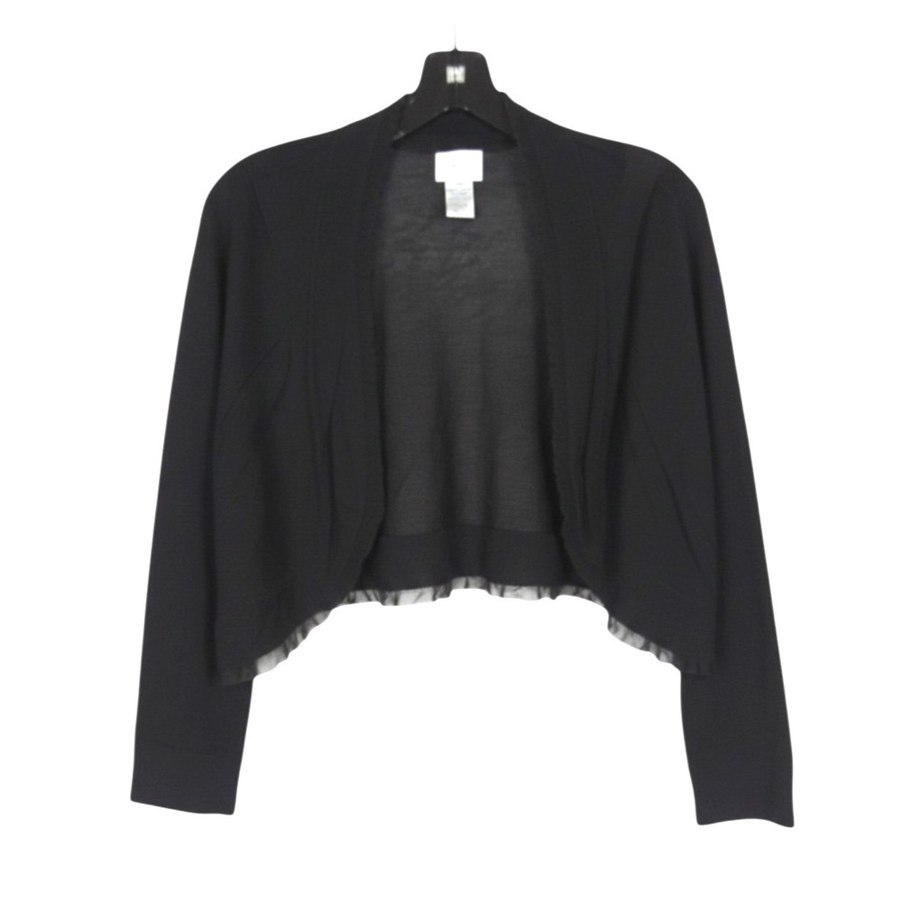 CHICO'S Black OPEN FRONT Sheer Ruffle Chiffon LIGHTWEIGHT Crop KNIT SWEATER 2/L